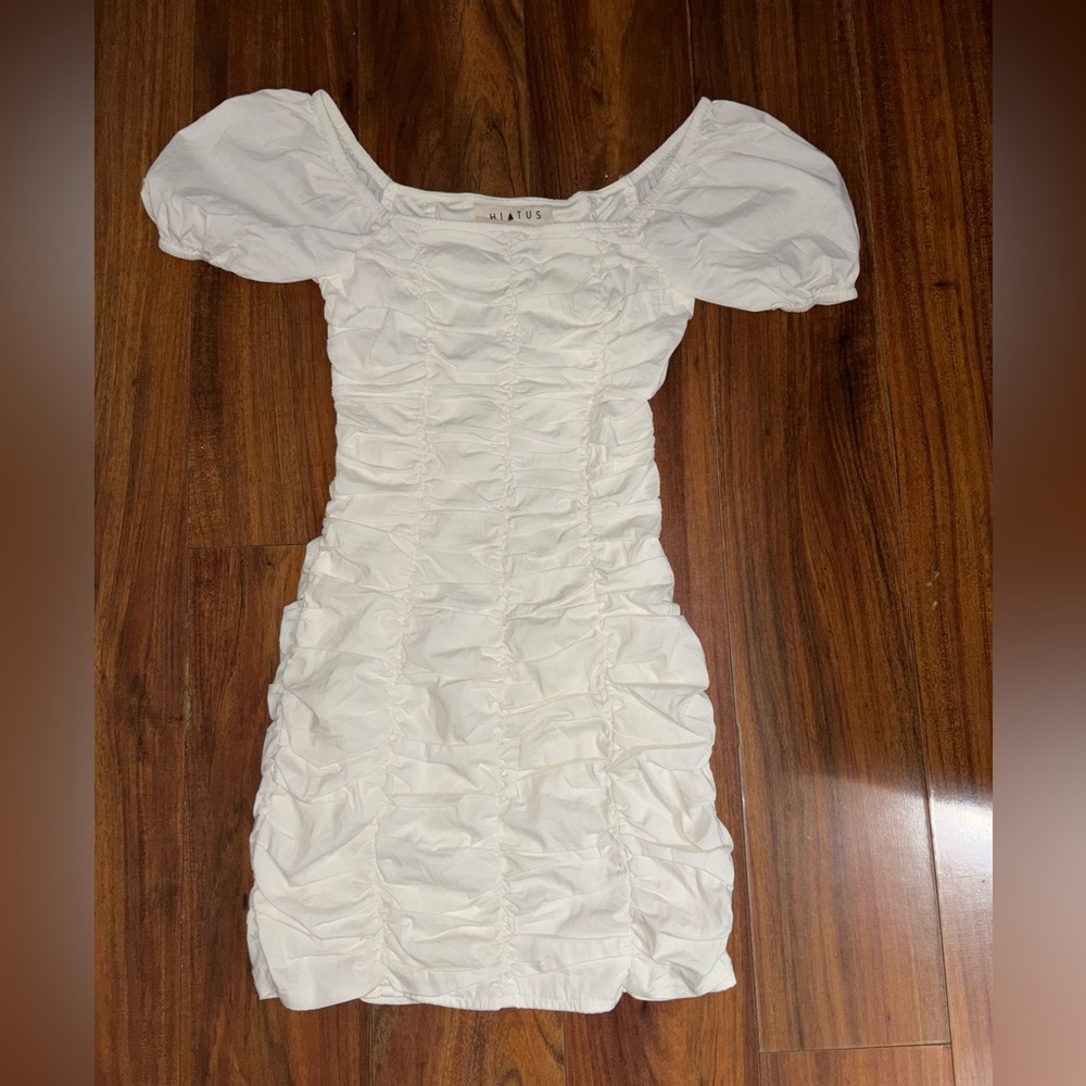 White Ruched Puff-Sleeve Dress